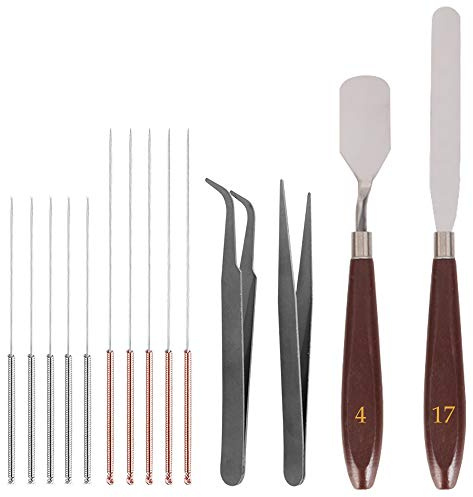 SourceTon Lot de 14 outils de nettoyage et de démontage des buses d'imprimante 3D, 2 couteaux à palette, 10 aiguilles (5 x 0,4 mm, 5 x 0,3 mm) et 2 pinces à épiler