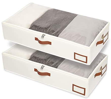 Yawinhe Under Bed Storage Containers, 2 Pack Underbed Boxes with Sturdy Zipper, Clear Window and Reinforced Handles, for Blanket, Bedding, 60x30x15cm, Beige, SNH001BES-2