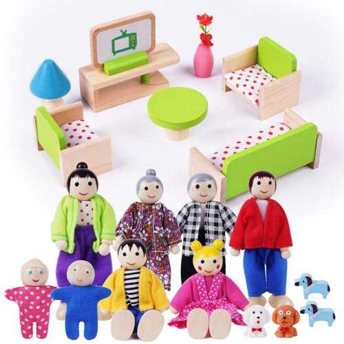 HOTUT Puppenhaus Möbel Set aus Holz, 20 Stück Puppenhaus Möbel mit 8 Puppenfamilien, Mini Puppenhaus Möbel puppenhaus zubehör, Rollenspiel Spielzeug für Kinder Spiel Geschenk