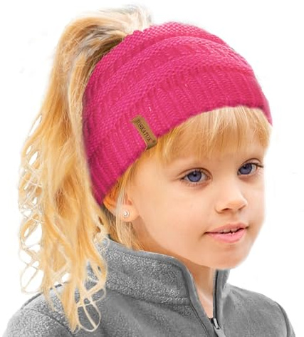 TOSKATOK Girl's Thermal Teddy Fleece Lined Ponytail Beanie Hat-Cerise