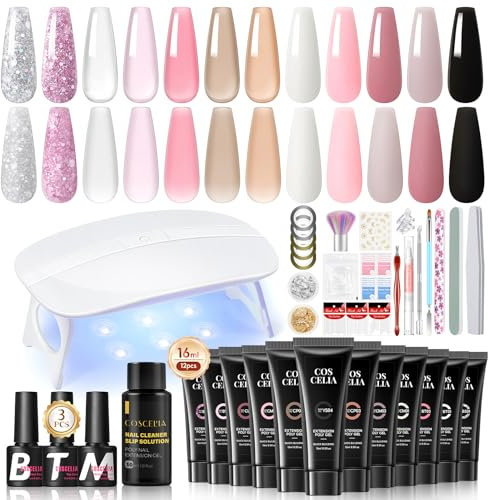 COSCELIA Kit Uñas De Gel,12 Colores Gel de Extensión de Uñas Con Lampara Uñas y 30ML Slip Solution,Kit de Manicura Con Base y Mate Top Coat