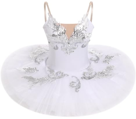 IDOPIP Women Swan Lake Dance Ballerina Costume Ballet Tutu Dress Princess Dress Camisole Skirted Leotards with Sequin Feather Practice Performance White S