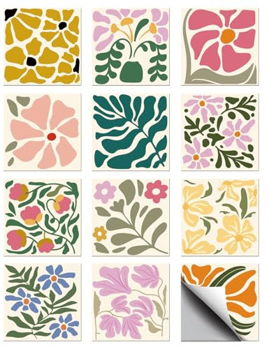 CHGCRAFT 36 Pcs 12 Style Tile Stickers Colorful Abstract Flowers Peel and Stick Wall Tile Stickers Artistic Flowers Waterproof Self Adhesive Stick on Tiles Decals for Kitchen Bathroom Wall, 4×4 Inch