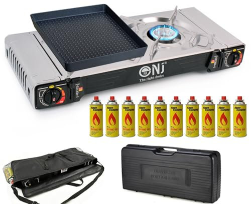 Double Camping Stove - 2 Burner Portable Gas Cooker Grill Plate Carry Case and Bag (Stove + 10 Canisters)