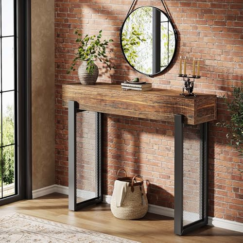 Tribesigns Mesa consola de 105 cm con espacio de almacenamiento, pequeña mesa de entrada industrial con patas de metal de malla, mesa estrecha detrás del sofá para salón, entrada, vestíbulo, pasillo