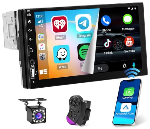 Hikity Autoradio 1 din avec écran Tactile 7 Pouces, Radio Bluetooth 1 din avec sans Fil Carplay Android Auto Mirror Link SWC Radio USB/TF/AUX Caméra de Recul + MIC