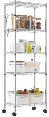 Himimi Estantería Cromada de 5 Niveles con Ruedas, Estantería de Metal Ajustable, Estantería de Pie para Cocina y Baño, 35 x 59 x 183 cm