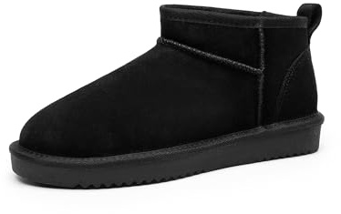 DREAM PAIRS Ankle Winter Mini Boots for Women Genuine Suede Faux Fur Lining Water Resistant Warm Snow Boots Slip On Memory Foam Comfort Booties FuzzyClassic,Size 5W,Black,SDSB25001W-W