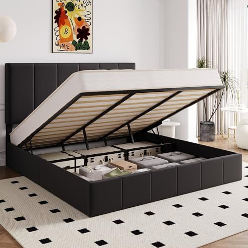 Allewie King Size Velvet Lift Up Storage Bed Frame, Vertical Channel Tufted Headboard, Hydrualic Underneath Storage, Upholstered Platform Bed, Wooden Slats Support, No Box Spring Needed, Black