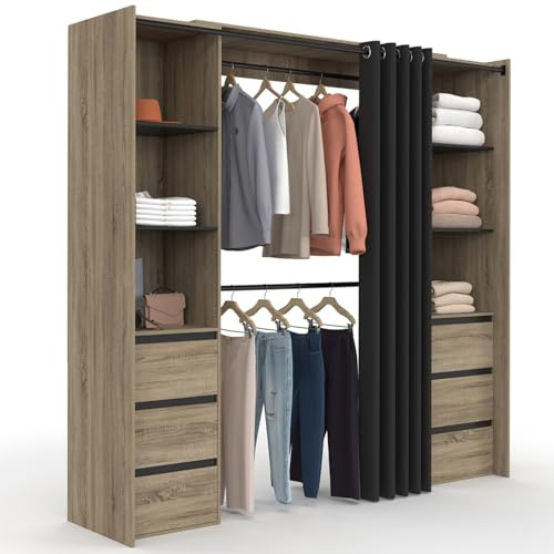 IDMarket - Armadio doppio estraibile MERYL 120/180 cm in faggio con 6 cassetti + ripiani + doppio spazio per appendere + tenda nera