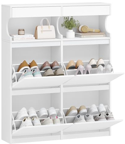 Hzuaneri Schuhschrank, Schuhregal Schuhkipper Schmal, Verstellbar, Schuhkommode für Eingang, Flur, Garderobe, 20 Paar, 4 Klappen (100B cm), Weiß SR56703X
