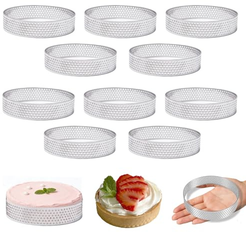 Anello Crostata, 10 Pezzi 10 cm Mousse Per Tartellette in Acciaio Inossidabile, Microforato Crostata Stampo Rotondo, Anelli Rotondi per Torte, per Muffin, Ciambelle, Budini, Argento