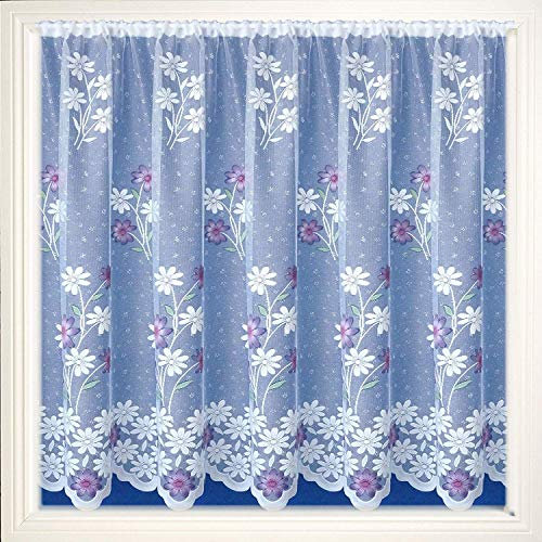Maple Textiles Daisy Purple lilac Lavender and Pink Marigold Net Curtain Luxury Pretty Flowered Floral Lace Pattern. Sold by the Metre (Purpe Lilac, 48 (122cm))