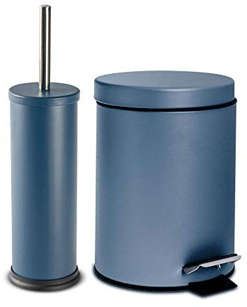 Harbour Housewares 3L Bathroom Bin & Brush Set - Matte Blue - 2pc Round Stainless Steel Pedal Bin & Toilet Brush Set Slim Small Trashcan for Kitchen Waste, Bathroom Rubbish