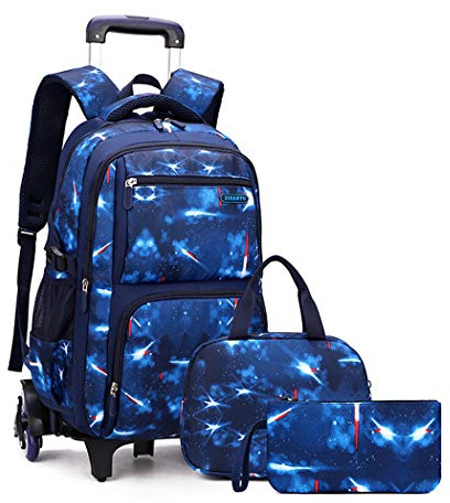 3Pcs Space Print Rolling Backpack Boys Bookbag on Wheels with Lunch Bag, Wheel Trolley Bag for School