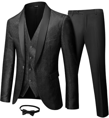 YND Men's 3 Piece Slim Fit Tuxedo Suit Set, One Button Shawl Collar Floral Business Blazer Jacket Vest Pants with Bow Tie, Black