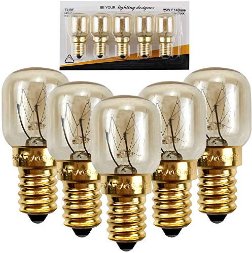 5 Pack 25W Bulb Himalayan Saltlampor av ugnslampor 300 ℃ -Resistant Mikrovågsugns Ugnslampa Saltkristalllampa 220V Dimbar E14 Socket Originalbyte,Gold,25W