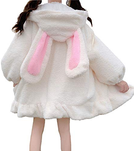 Damtröja med huva och huva, söta kaninöron, långärmad, fluffig, fluffig, Vit, XL