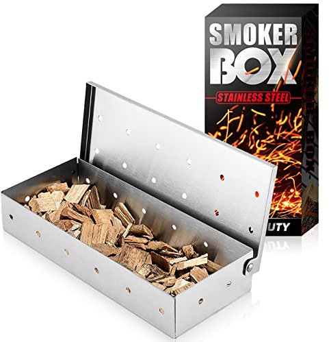 UIRIO Caja de ahumador de barbacoa, caja de chip de madera de acero inoxidable, carne con sabor a barbacoa ahumada para asar a gas y carbón
