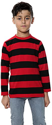 WickedFun® Kids Unisex Long Sleeved Stripe Crew Neck T-Shirt Boys Girls Casual Striped T-Shirts Ages 5-13 Years (Red & Black, 5-6 Years)