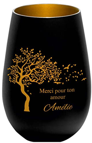 Photophore en Verre personnalisé - nom et Date funéraire - lumière de deuil - présent funéraire - Noir/Or - Merci pour Ton Amour - Lanterne présent funéraire - Gravure Personnaliser