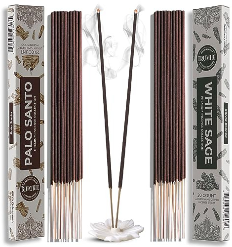 Trumiri Incense Sticks - Combo Pack of 40 Insence-Sticks - 20 Palo Santo + 20 White Sage - Cleansing Insense - Insents - Incents - Inscense - Incence - Incienso - All Natural Non Toxic Incense Sticks