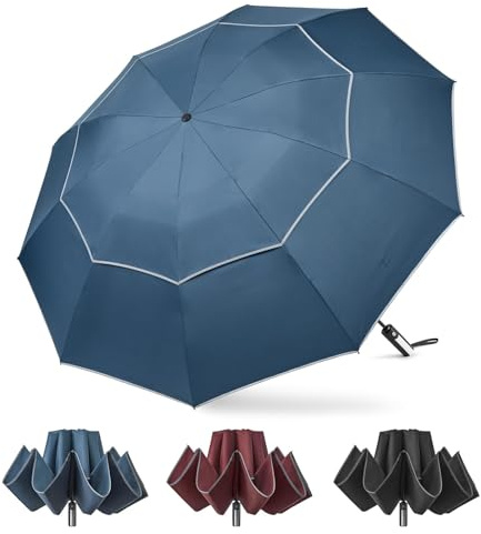 G4Free 62 Inch Windproof Inverted Umbrella with Reflective Stripe Large Compact Reverse Golf Umbrella for Rain 10 Ribs Double Canopy Travel Umbrella Automatic Open Close (Blue)