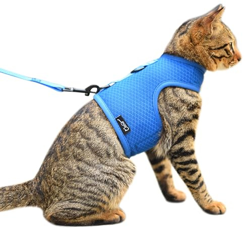 Harnais et Laisse Anti-Fugue pour Chat - Tissu en Maille Respirante - Harnais réglable, rembourré et élégant - Bleu uni, Taille M