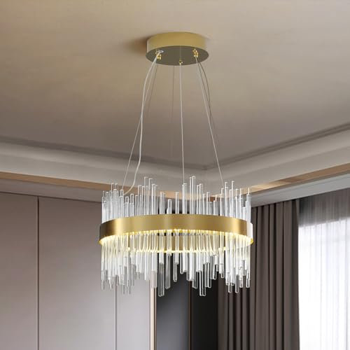 HvKvHvY Modern Crystal Chandelier,Flush Mount Chandelier LED Gold Pendant Light Ceiling Light Fixture Hanging Lamp for Kitchen Living Room Bedroom Hallway Staircase