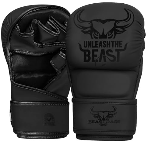 BEAST RAGE Guantes de MMA para Hombres y Mujeres, Soporte de muñeca Ajustable, Palma Abierta, Guantes de Artes Marciales, Lucha para Muay Thai, Lucha en Jaula, Combate, Taekwondo (Black, S/M)