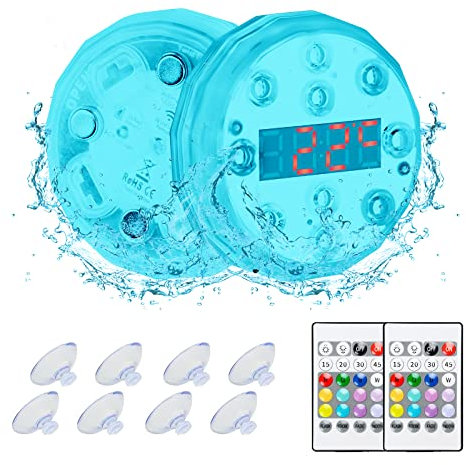 BIQIQI Unterwasser Licht, Poolbeleuchtung RGB LED Badewanne Licht IP68 Wasserdicht Teichbeleuchtung mit Thermometer Fernbedienung Saugnapf, für Garten Aquarium Vase Badewanne Pool oder Spa