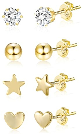 ASH'S CHOICE Gold Studs Earrings Set, 925 Sterling Silver Goldplate Multipack Cartilage Piercing Earrings With 9ct Gold Tiny Zircon Stars Ball Heart Studs