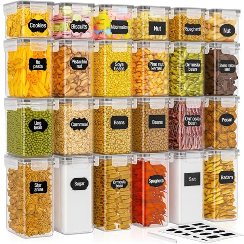 24 Pack Food Storage Containers - 33.6L, Airtight Kitchen Storage for Cereal, Flour, Sugar & Baking Supplies with 24 Labels
