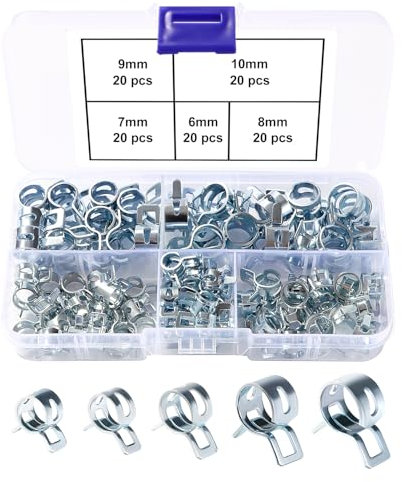 Lyeteung 100 Pièces 6/7 / 8/9 / 10 mm Colliers de Serrage à Ressort Kit, Clips à Ressort Tuyau Serre-Joints à Tuyaux, Colliers de Serrage en Silicone pour Tuyau de Carburant, Argent