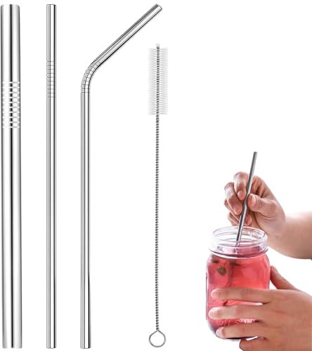 WOLMIK Cannucce in acciaio inox – 3 cannucce riutilizzabili in metallo con detergente per cannucce, cannuccia Boba extra larga 12 mm e cannuccia dritta da 6 mm e cannuccia piegata da 6 mm, cannucce