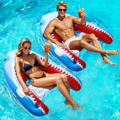 HeySplash Pool Floats Adult, 2 Pack Shark Pool Float Chair with Cup Holder for Adults, Inflatable Pool Float Lounge with Handles, Inflatable Floats for Swimming Pool Beach Lake River Water Party