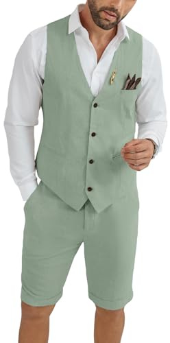 HUEZOE Men's Linen Suit 2 Piece Short Suits for Men Casual Summer Beach Groom Wedding Suit Linen Vest Shorts Set, sage Green, 3XL