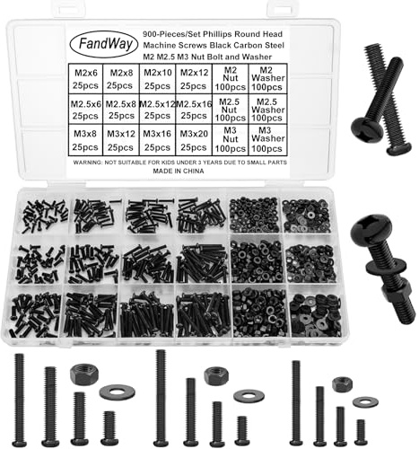 FandWay 900Pcs Bolts and Nuts Set,M2 M2.5 M3 Pan Head Machine Screws DIN 7985,Cross Round Head Screws,Carbon Steel Black Oxide Bolts and Washers Set Phillips Drive Fully Threaded With Storage Box.
