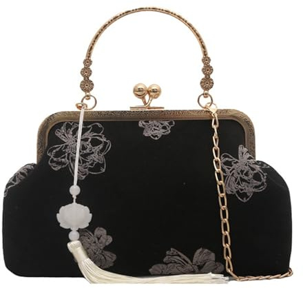 Bolso bandolera con cadena de alta calidad con detalles de bordado tradicional, compacto, diseño único inspirado en China, Black, One Size