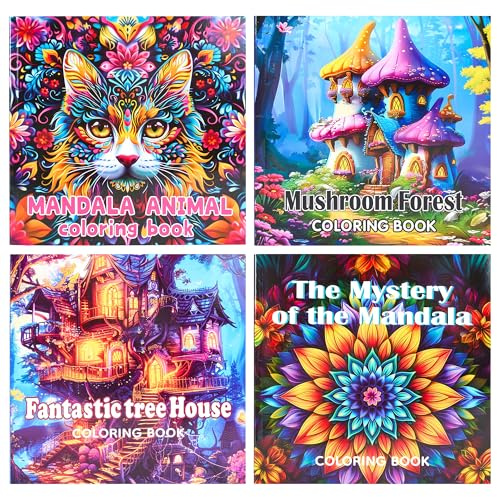 Mandalas Colouring Books for Women, 4 Pack Adults Colouring Book with 24 Colored Pencils and A4 PVC Mat, Mandala Animal Patterns Stress Relief Colouring Books Set for Teen Adult Relaxation