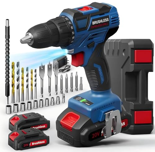 Brushless Trapano Avvitatore a Batteria 20V, 2 Batterie 2.0Ah, Max 60Nm, 25+1 Impostazione Coppia, LED Luce, 2 Velocità, 25 Accessori, 10mm Mandrino Autoserrante, per Riparazione, Fai da te
