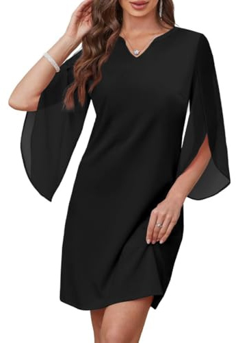AOWVUTS Abito da Cocktail Donna Vestito Elegante Chiffon con Maniche a 3/4 Midi Abito Scollo a V in Linea A Casual Abiti Corto da Sera per Festa Cerimonia Formale Matrimonio