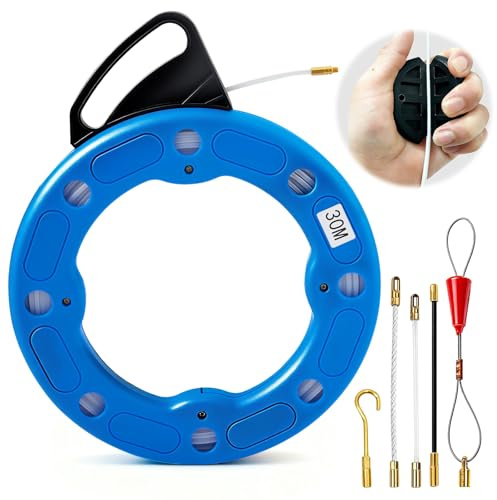 Outil d'extraction de câbles 30 m,Aiguille Électricien,Tire Câble Électrique 4mm,1 Tire-Câble,1 Enrouleur De Câbles,3 Têtes De Rechange Et 1 Crochet,Idéal Pour Travaux Électriques Et De Câblage,Bleu