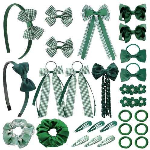 YAEGIMHT Green Hair Accessories for Girls, 28 Pcs School Hair Accessories Include Bow Hair Clips Headband Hair Bands Ribbon Ponytail Holder, Hair Bows Set for Girls Daily Dress (Green)