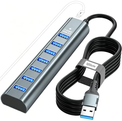 familaha Hub USB 3.0 de 7 Puertos con Cable de 120 cm para Escritorio, Splitter USB multienchufe de 5Gbps con Puerto 5V 3A Tipo C, Hub multipuerto para PC, Ordenador portátil, MacBook Pro/Air
