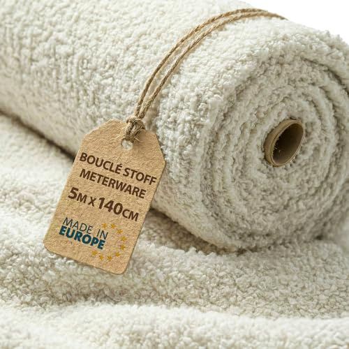 Fabric for Sewing Sold by the Metre Boucle 5 m x 140 cm - Upholstery Fabric Furniture Fabric Ideal as Teddy Fabric for Pillows and Sofa Cover Decorative Fabric with Oeko Tex Light Beige