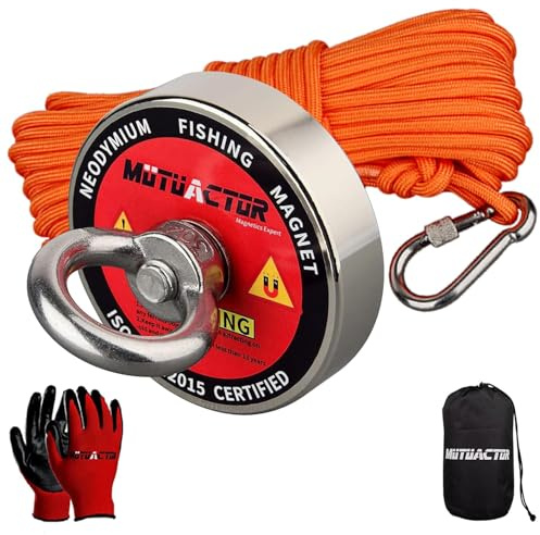 Mutuactor N52 Imán de neodimio,Fuerza de Tracción 180 KG imán superpotente Diámetro 60MM con Cuerda de Nylon Robusta de 20M,Adecuado para Imán para Pescar, Rescate, Industria en el Río