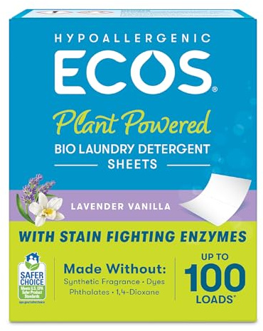 ECOS Hypoallergenic Laundry Detergent Sheets - Fragrance-Free for Sensitive Skin, Plant Powered, Compact Plastic Free Packaging, Results at All Temperatures, Lavender & Vanilla, 50 Count