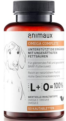 animaux - Omega Complete for Dogs Fish Oil Tablets, Omega 3,6 & 9 Fatty acids to Support Vitality, Bone Structure, Barf Supplement, Salmon Oil for Skin & Coat, 50 chewable Tablets, 100 Days Supply