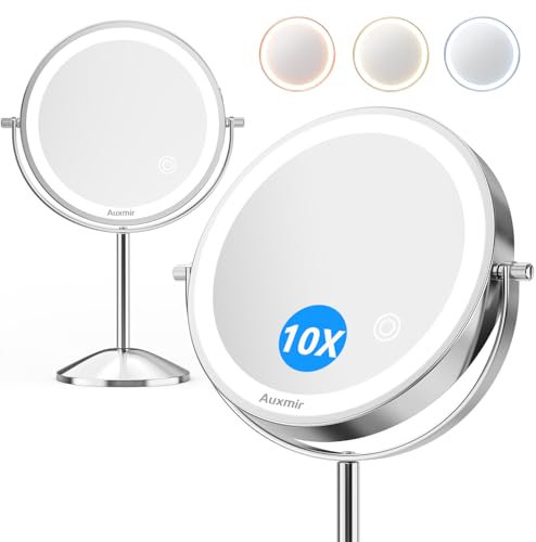 Auxmir Magnifying Makeup Mirror with 1X/10X Magnification, Double-Sided Mirror with 54 LEDs, 3 Light Colors & Brightness Adjustable, 360° Rotating Mirror on Stand for Vanity Table Desk, Chrome Finish